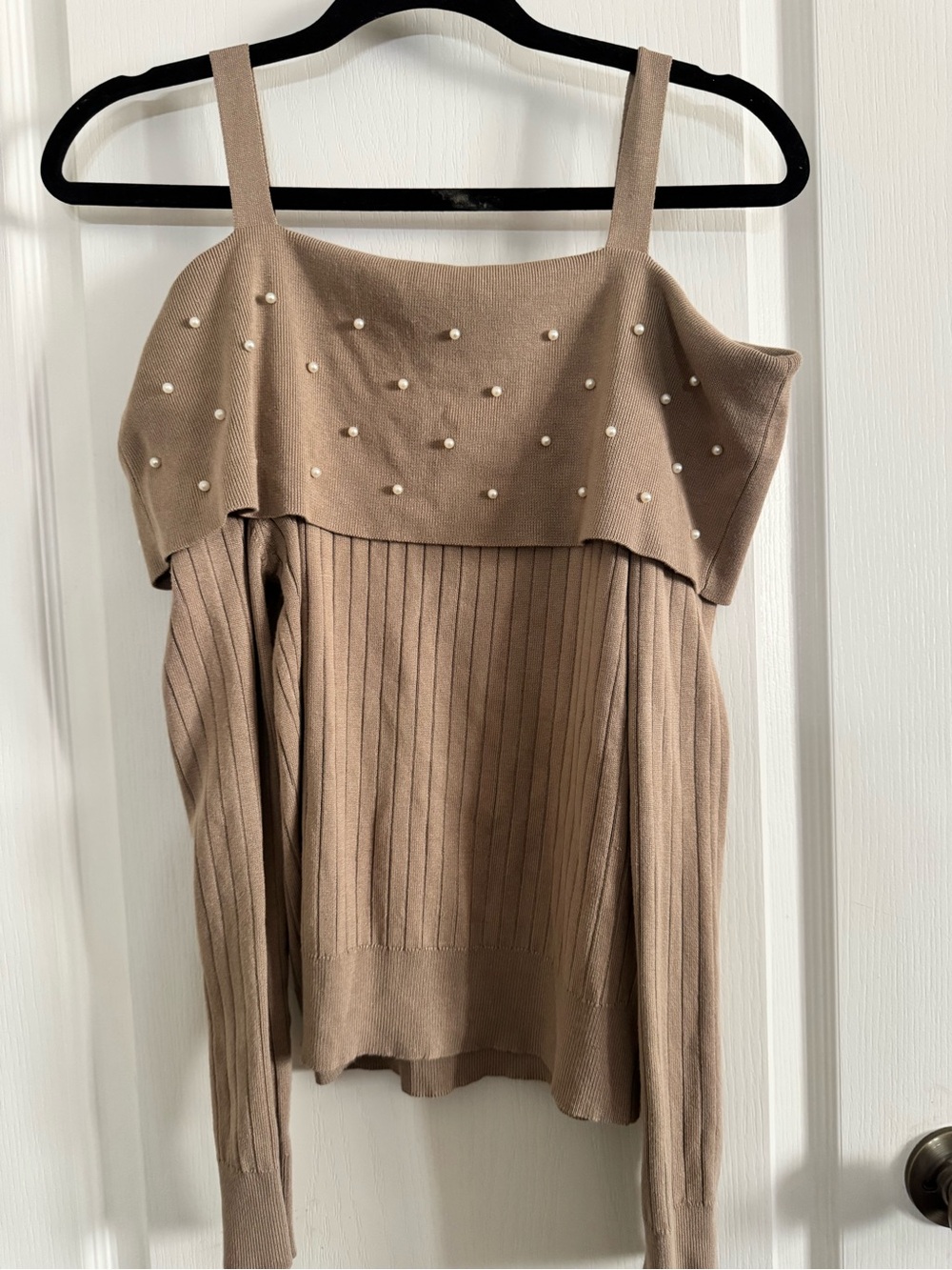 Pearl-Embellished Taupe Off-the-Shoulder Sweater